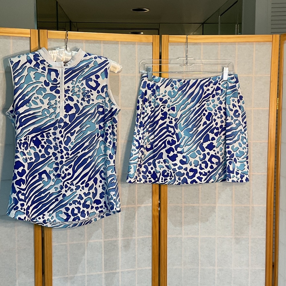 Blue and White Animal Print Top and Skirt Set